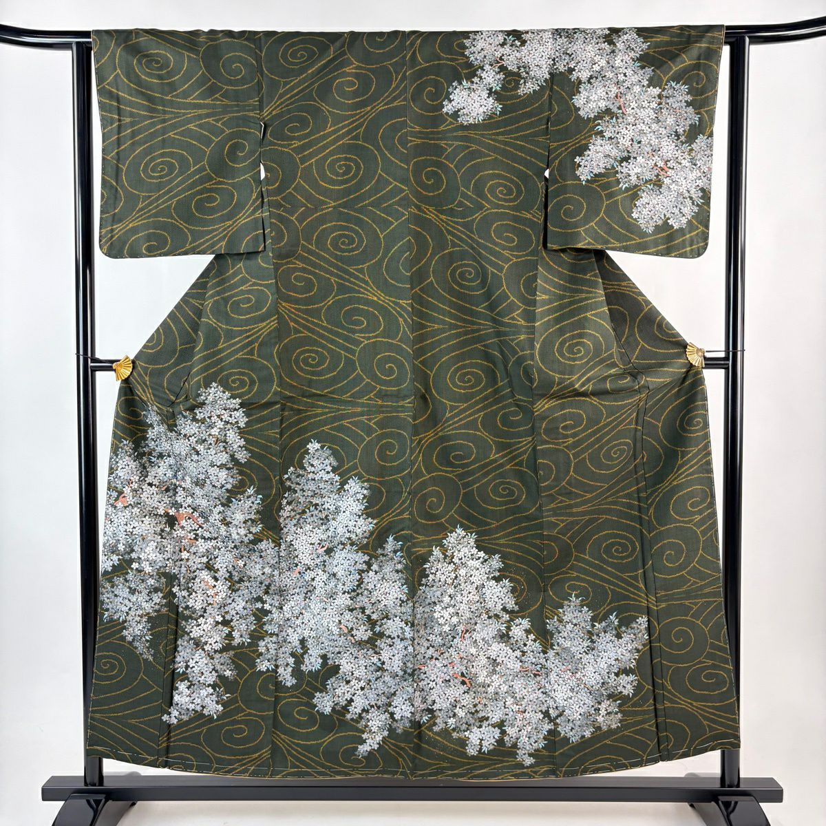 【美品】訪問服 身長156cm 袖長62cm S 雙層 紬織織 落款あり 枝花 流水 金銀彩 深綠 純蠶絲 秀品級