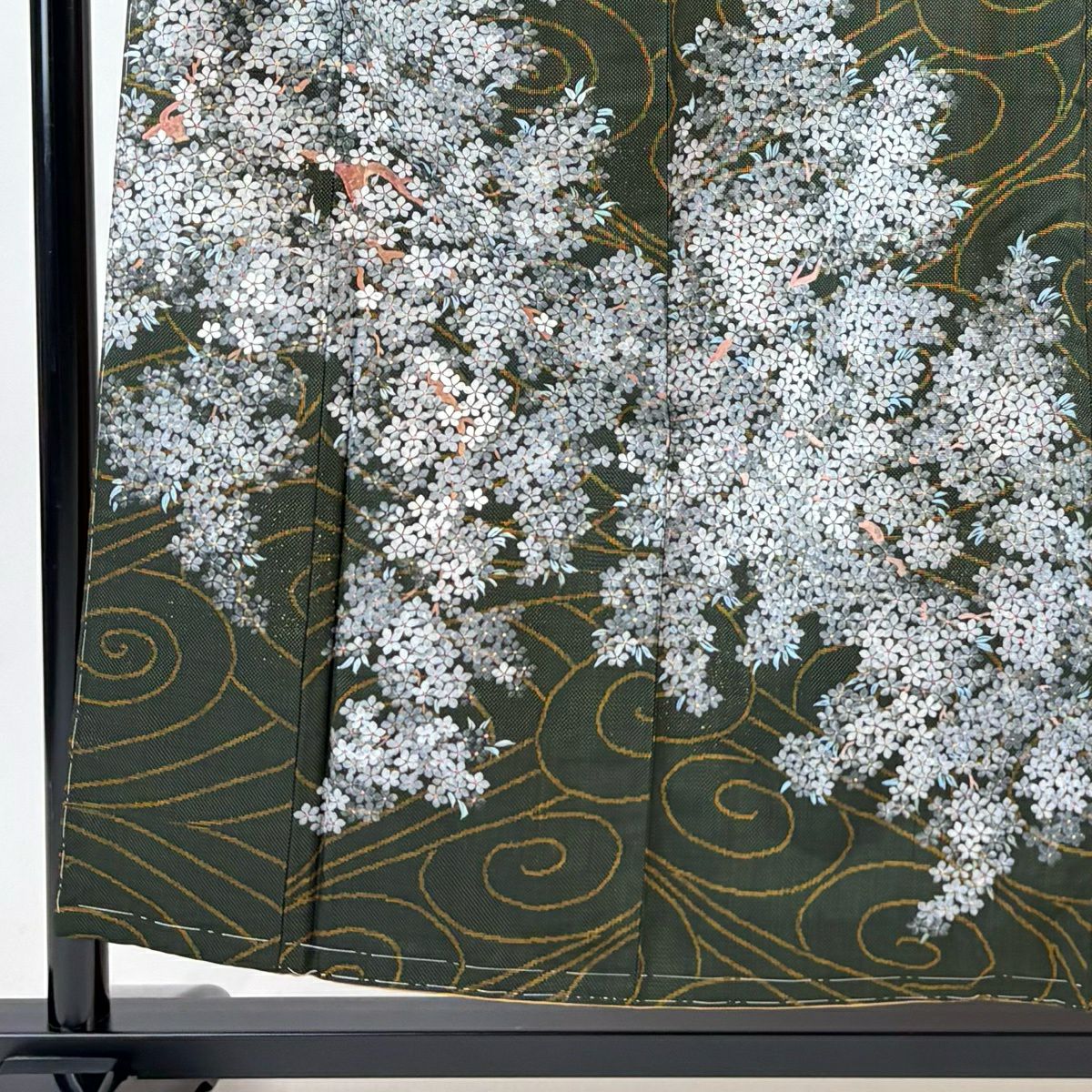 【美品】訪問服 身長156cm 袖長62cm S 雙層 紬織織 落款あり 枝花 流水 金銀彩 深綠 純蠶絲 秀品級