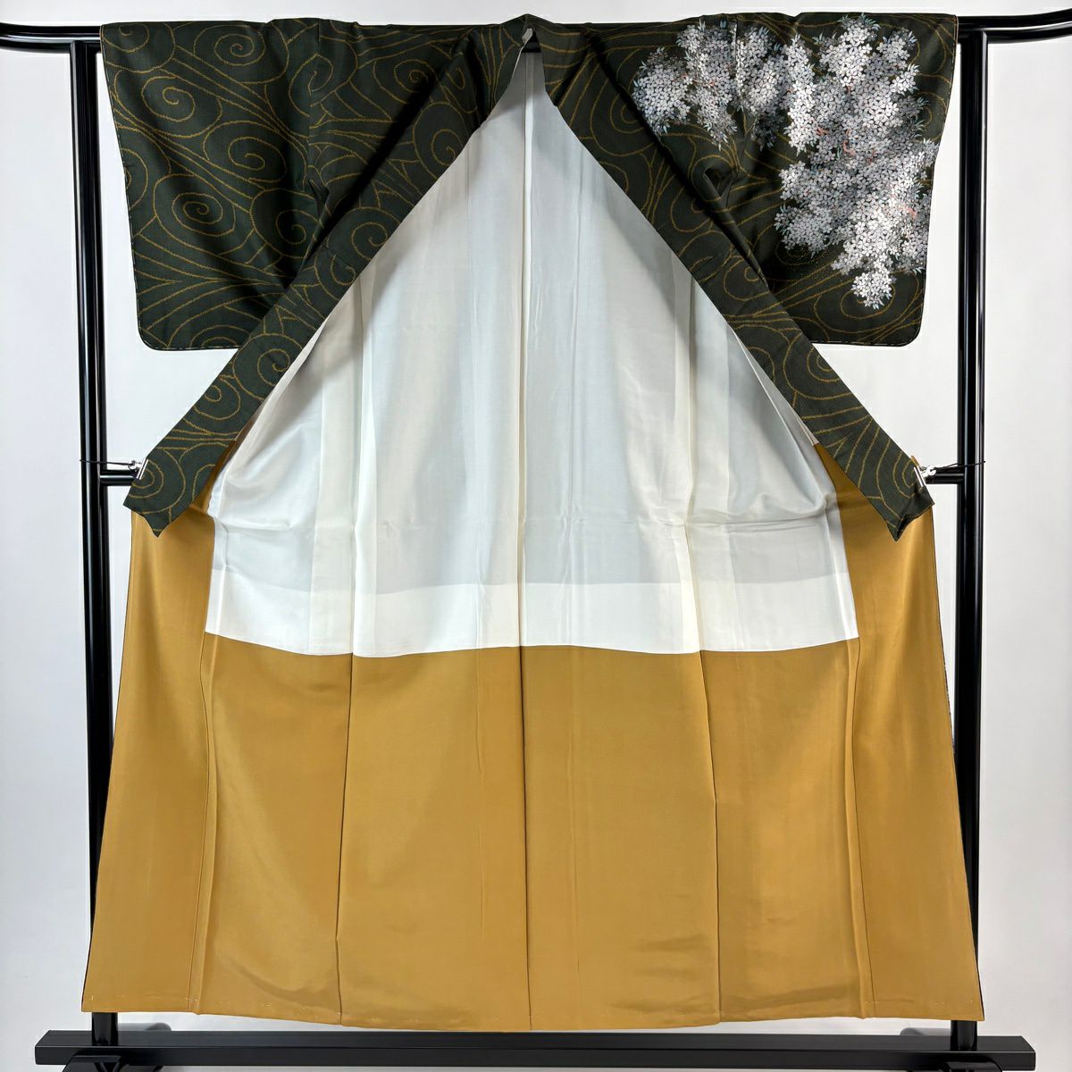 【美品】訪問服 身長156cm 袖長62cm S 雙層 紬織織 落款あり 枝花 流水 金銀彩 深綠 純蠶絲 秀品級