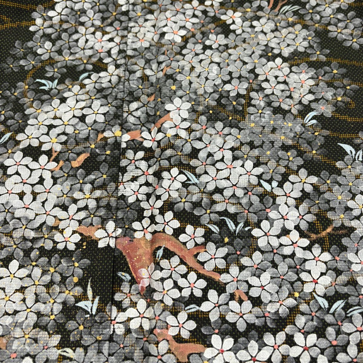 【美品】訪問服 身長156cm 袖長62cm S 雙層 紬織織 落款あり 枝花 流水 金銀彩 深綠 純蠶絲 秀品級