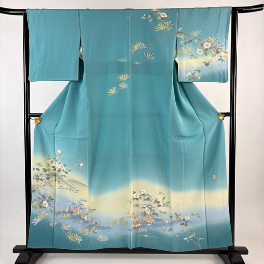 訪問服 身長156.5cm 袖長63cm S 雙層 落款あり 椿 山 漸層 青綠 純蠶絲 秀品級 一つ紋