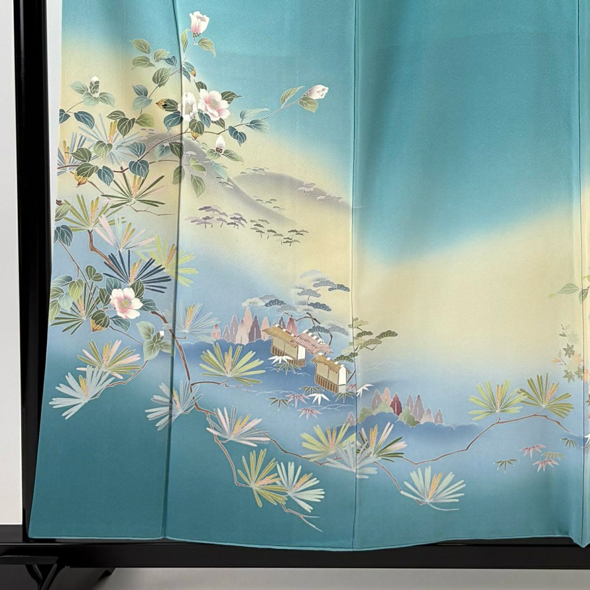 訪問服 身長156.5cm 袖長63cm S 雙層 落款あり 椿 山 漸層 青綠 純蠶絲 秀品級 一つ紋