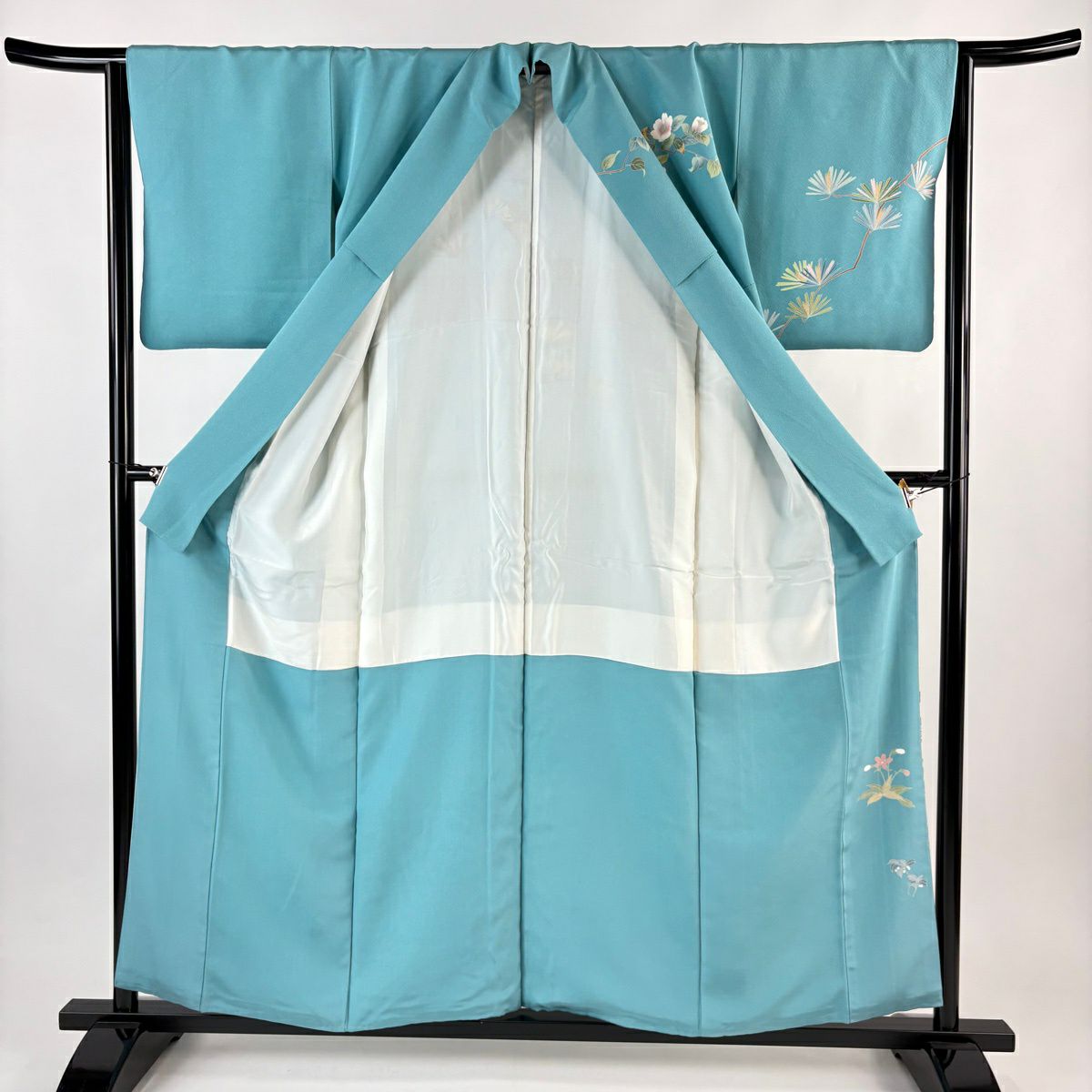 訪問服 身長156.5cm 袖長63cm S 雙層 落款あり 椿 山 漸層 青綠 純蠶絲 秀品級 一つ紋