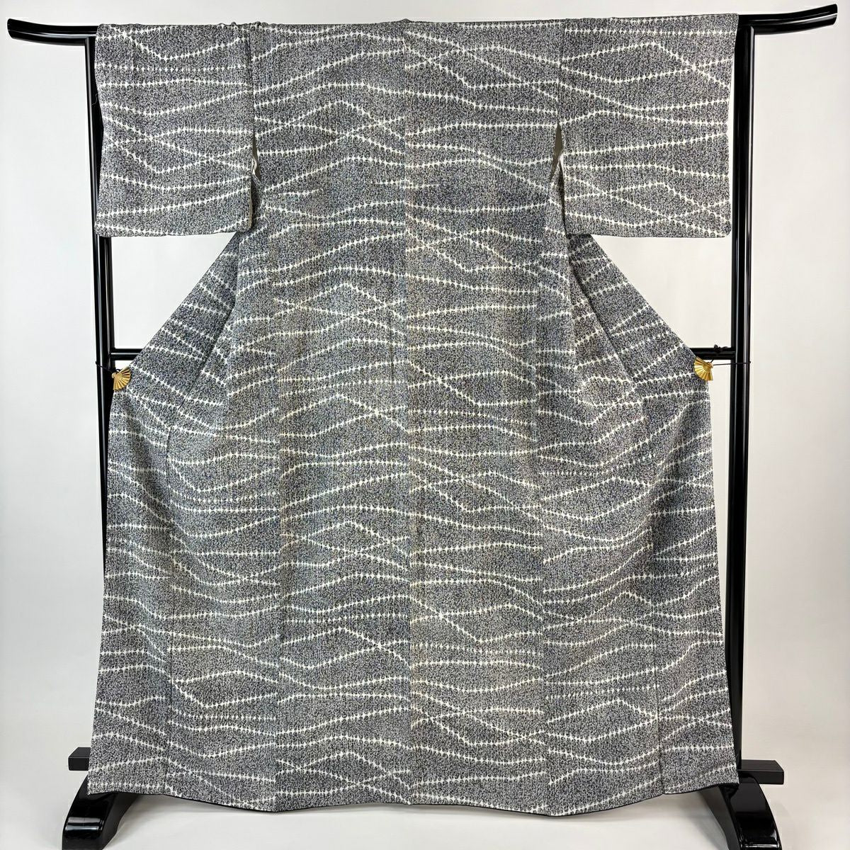 【美品】 小紋 身長164.5cm 袖長65cm M 雙層 幾何學 黑灰 純蠶絲 秀品級