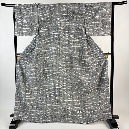 【美品】 小紋 身長164.5cm 袖長65cm M 雙層 幾何學 黑灰 純蠶絲 秀品級