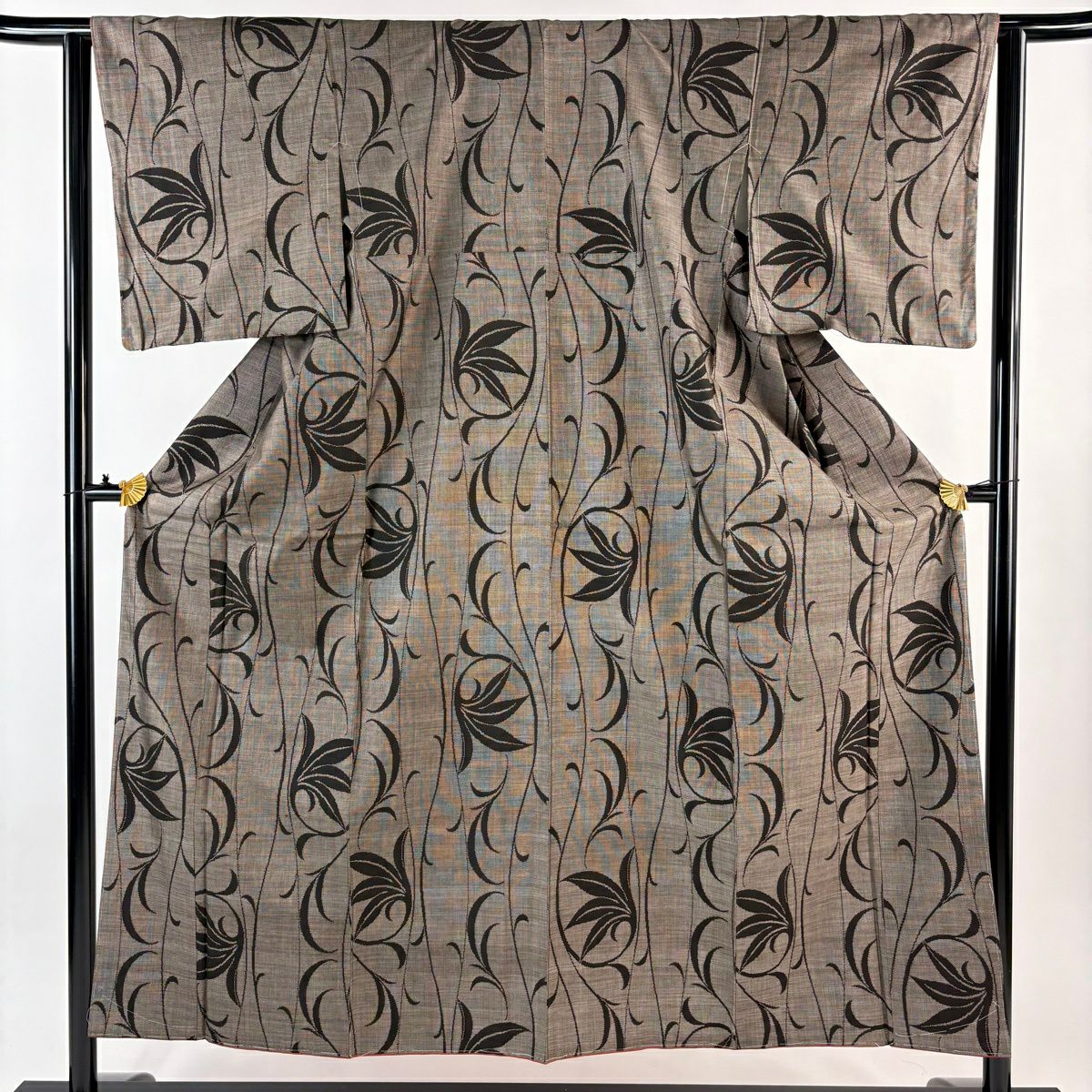【美品】 紬織織 身長153.5cm 袖長63cm S 雙層 唐草紋 立涌 焦茶 純蠶絲 秀品級