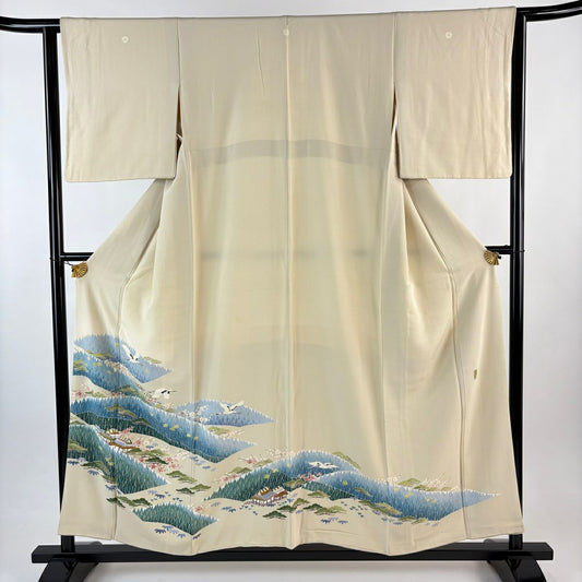 色留袖禮服 身長155cm 袖長63cm S 雙層 落款あり 松樹竹子梅花 樹木 米色 純蠶絲 秀品級 三つ紋