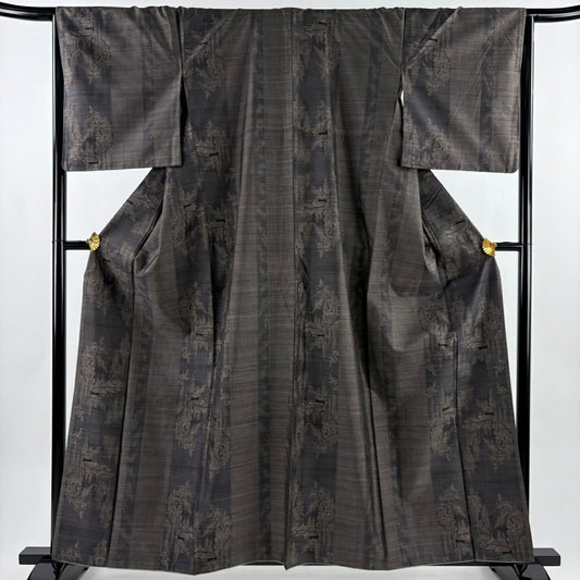 紬織 身長160cm 袖長66.5cm M 雙層 建物 樹木 灰茶 純蠶絲 秀品級