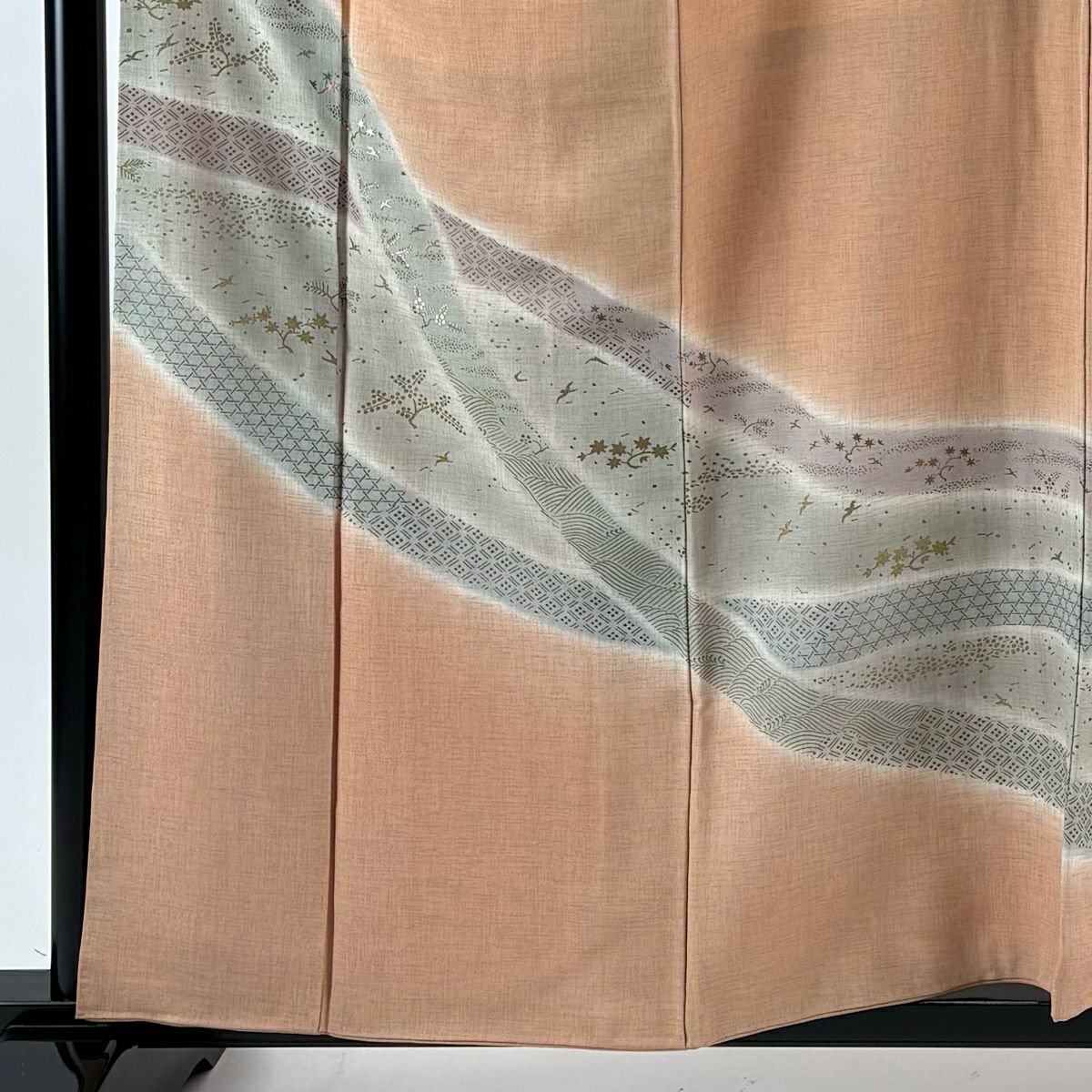 訪問服 身長159.5cm 袖長65cm M 雙層 花鳥 菱 金銀彩 刺繡 淺橙色 純蠶絲 優品級