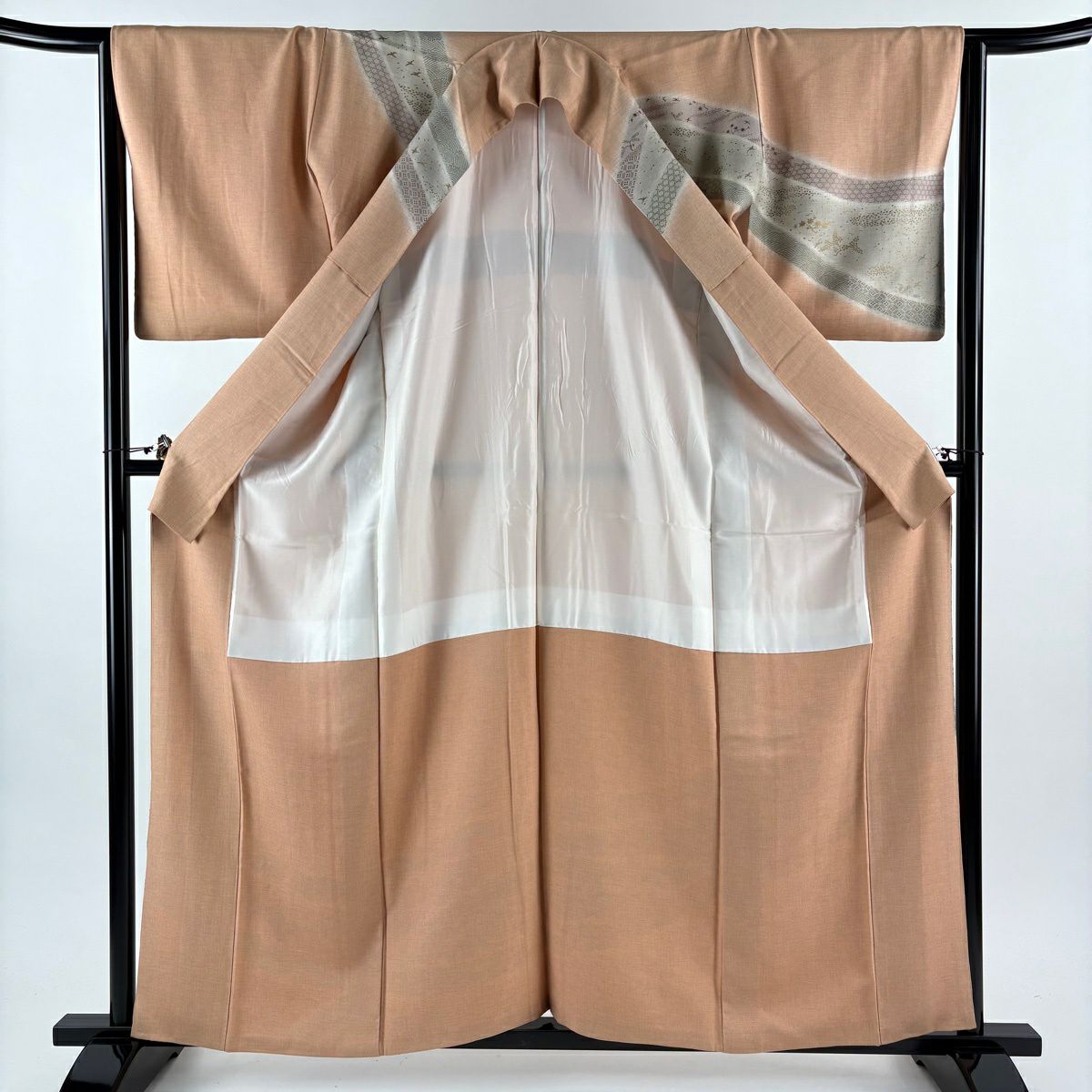 訪問服 身長159.5cm 袖長65cm M 雙層 花鳥 菱 金銀彩 刺繡 淺橙色 純蠶絲 優品級