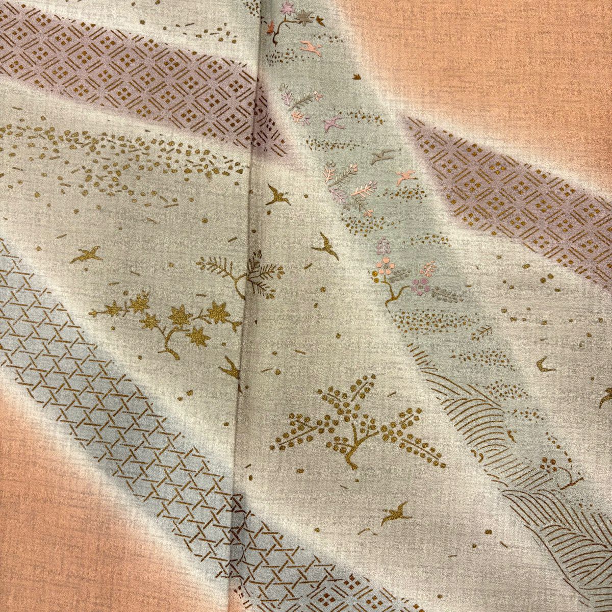 訪問服 身長159.5cm 袖長65cm M 雙層 花鳥 菱 金銀彩 刺繡 淺橙色 純蠶絲 優品級