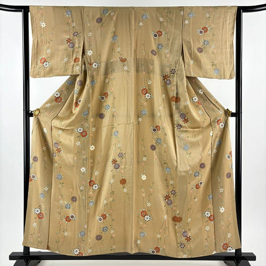 小紋 身長157cm 袖長63cm S 雙層 草花紋紋 金彩裝飾 薄茶 純蠶絲 秀品級