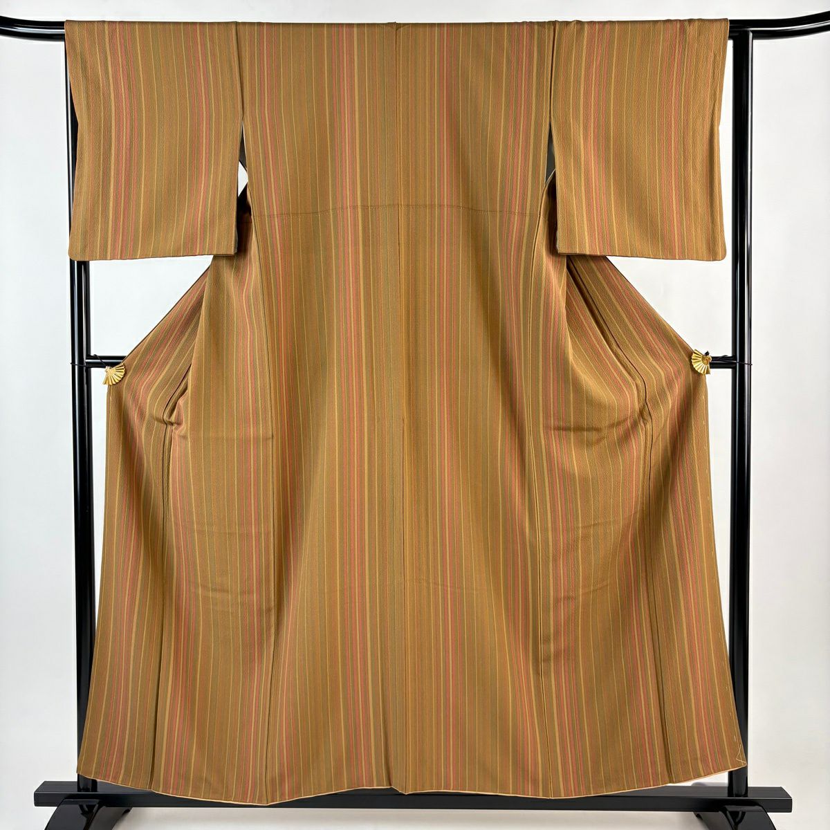 【美品】 小紋 身長156cm 袖長64cm M 雙層 縱條 山吹茶 純蠶絲 秀品級