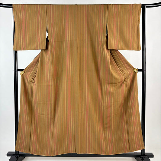 【美品】 小紋 身長156cm 袖長64cm M 雙層 縱條 山吹茶 純蠶絲 秀品級