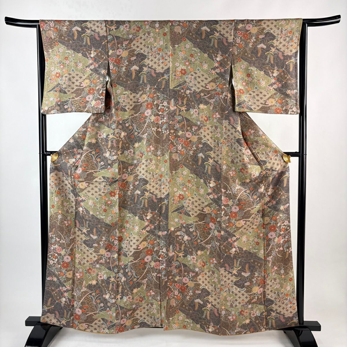 小紋 身長161.5cm 袖長64.5cm M 雙層 秋草 七寶紋 金銀彩 茶紫 純蠶絲 秀品級