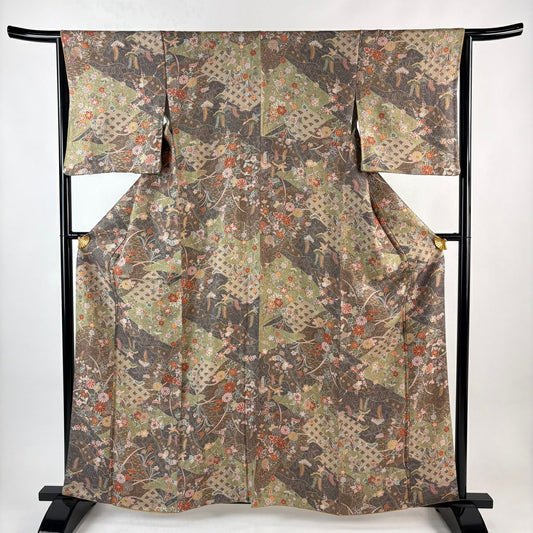 小紋 身長161.5cm 袖長64.5cm M 雙層 秋草 七寶紋 金銀彩 茶紫 純蠶絲 秀品級