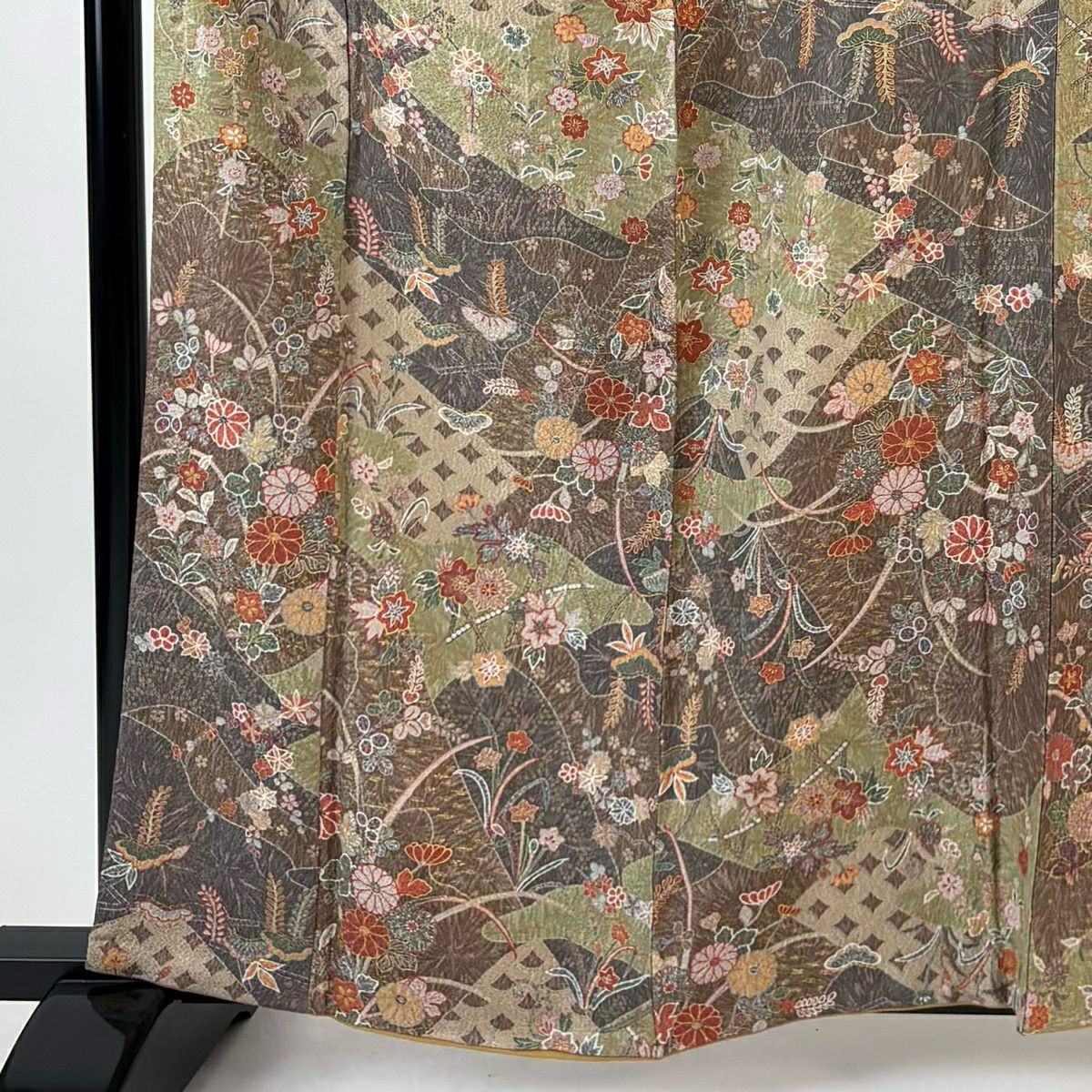 小紋 身長161.5cm 袖長64.5cm M 雙層 秋草 七寶紋 金銀彩 茶紫 純蠶絲 秀品級