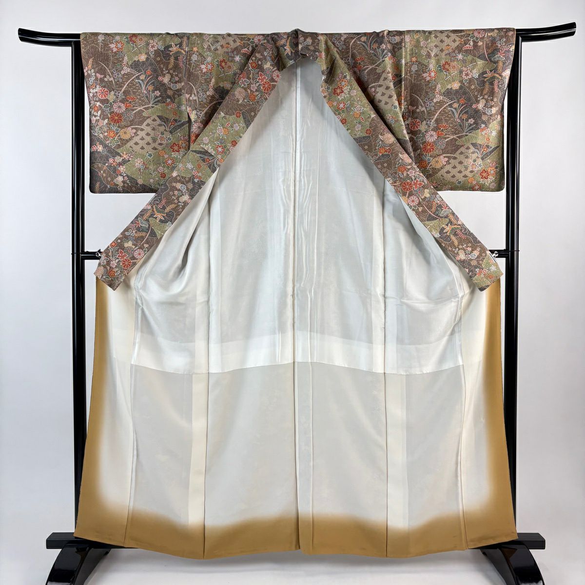 小紋 身長161.5cm 袖長64.5cm M 雙層 秋草 七寶紋 金銀彩 茶紫 純蠶絲 秀品級