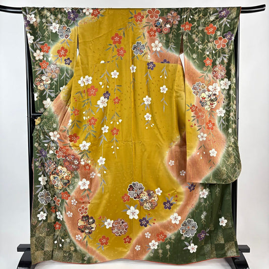 振袖禮服 身長166.5cm 袖長67.5cm L 雙層 櫻花 菊花花 金線 金銀彩 深綠 純蠶絲 優品級