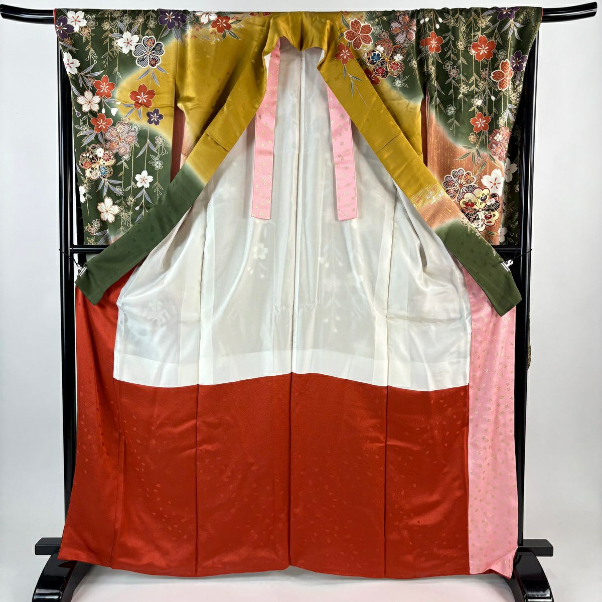 振袖禮服 身長166.5cm 袖長67.5cm L 雙層 櫻花 菊花花 金線 金銀彩 深綠 純蠶絲 優品級