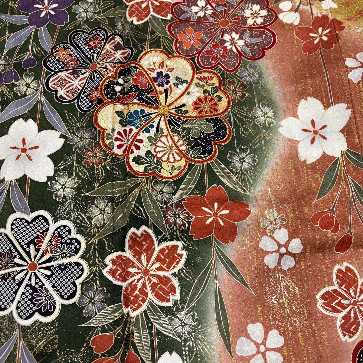振袖禮服 身長166.5cm 袖長67.5cm L 雙層 櫻花 菊花花 金線 金銀彩 深綠 純蠶絲 優品級