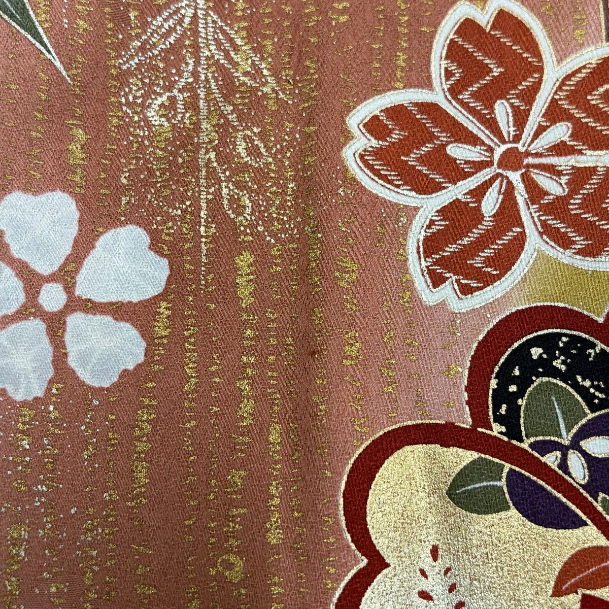 振袖禮服 身長166.5cm 袖長67.5cm L 雙層 櫻花 菊花花 金線 金銀彩 深綠 純蠶絲 優品級