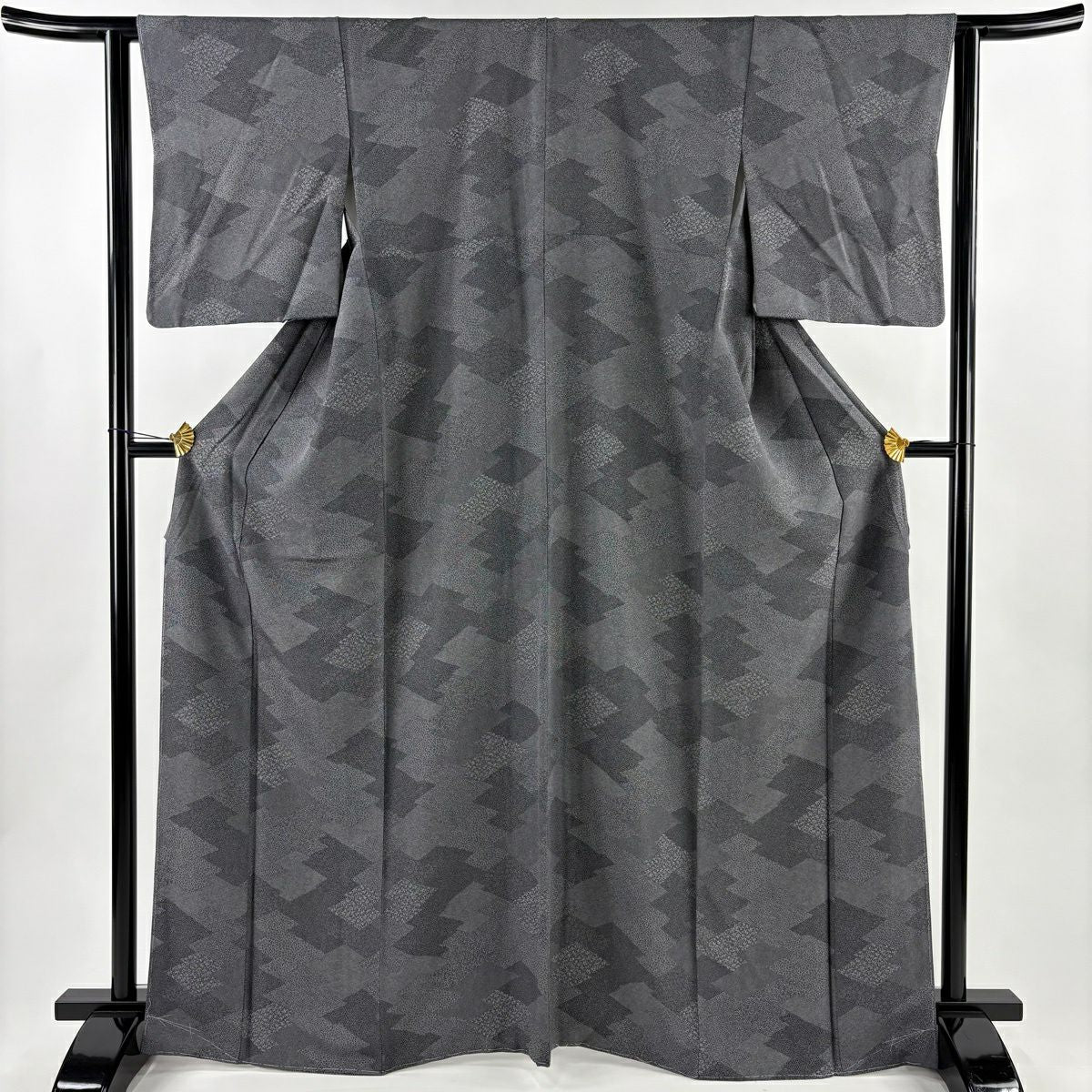 【美品】 江戶小紋 身長167cm 袖長62cm S 雙層 松樹皮菱 寄花紋 黑灰 純蠶絲 優品級