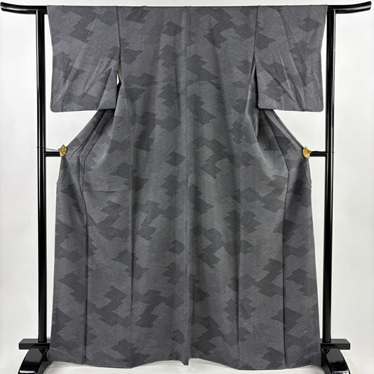 【美品】 江戶小紋 身長167cm 袖長62cm S 雙層 松樹皮菱 寄花紋 黑灰 純蠶絲 優品級
