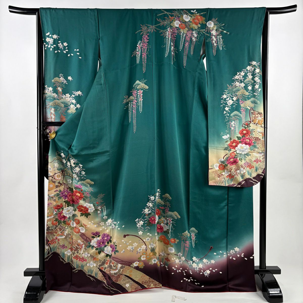 振袖禮服 身長169.5cm 袖長64.5cm M 雙層 牡丹 幾帳 金絲 金銀彩 綠 純蠶絲 秀品級