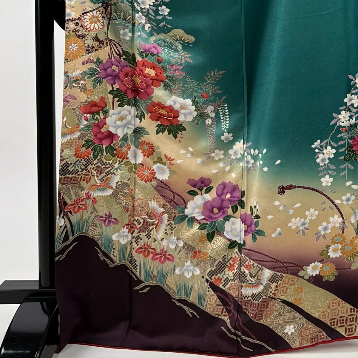 振袖禮服 身長169.5cm 袖長64.5cm M 雙層 牡丹 幾帳 金絲 金銀彩 綠 純蠶絲 秀品級