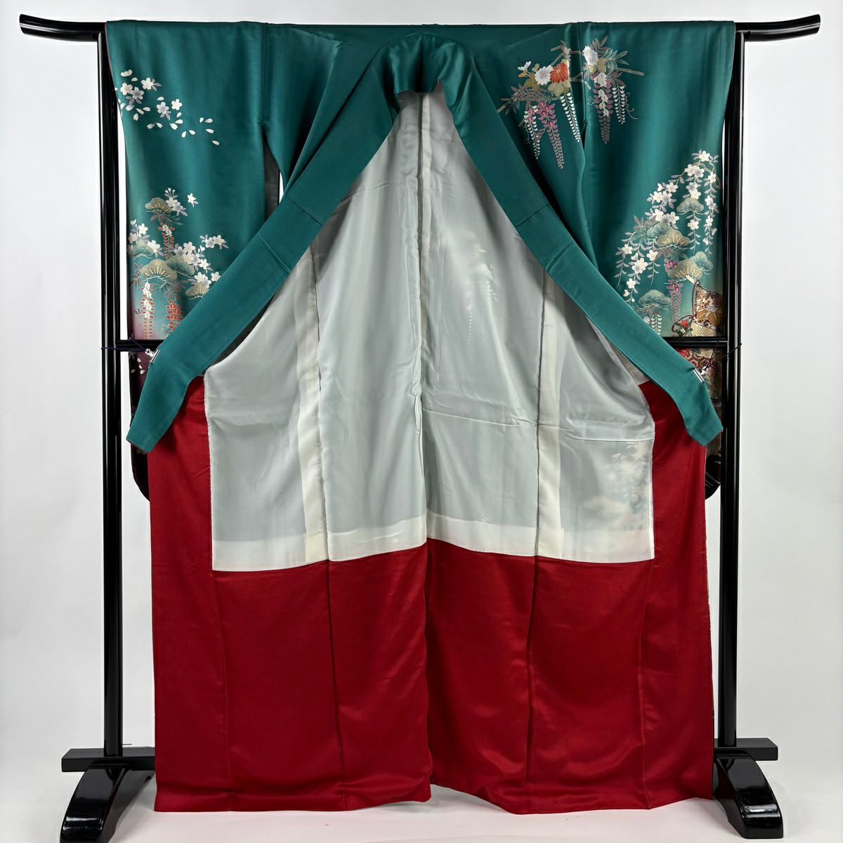 振袖禮服 身長169.5cm 袖長64.5cm M 雙層 牡丹 幾帳 金絲 金銀彩 綠 純蠶絲 秀品級