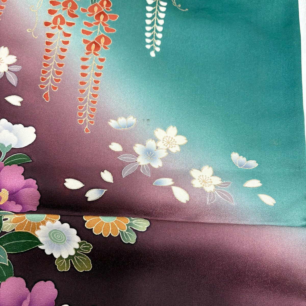 振袖禮服 身長169.5cm 袖長64.5cm M 雙層 牡丹 幾帳 金絲 金銀彩 綠 純蠶絲 秀品級