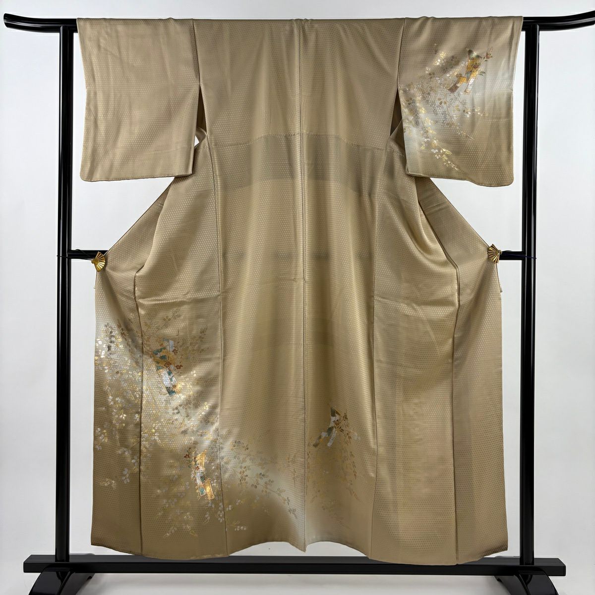 付下 身長156cm 袖長63.5cm S 雙層 熨斗紋 枝梅花 金銀彩 刺繡 淺茶 純蠶絲 優品級