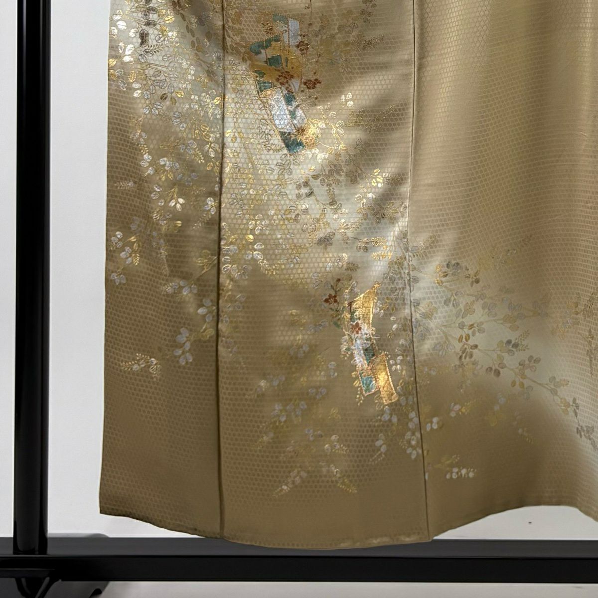 付下 身長156cm 袖長63.5cm S 雙層 熨斗紋 枝梅花 金銀彩 刺繡 淺茶 純蠶絲 優品級