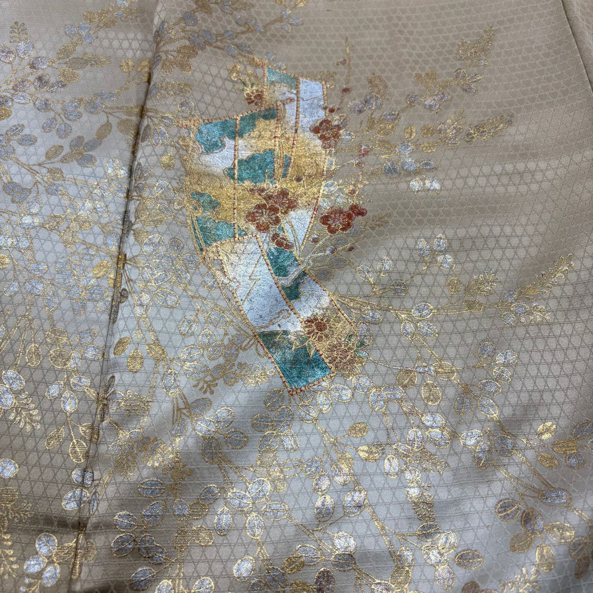 付下 身長156cm 袖長63.5cm S 雙層 熨斗紋 枝梅花 金銀彩 刺繡 淺茶 純蠶絲 優品級