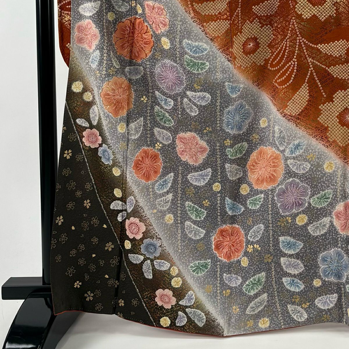 振袖禮服 身長165cm 袖長66.5cm M 雙層 草花紋紋 花瓣 金絲 金銀彩 朱 純蠶絲 優品級