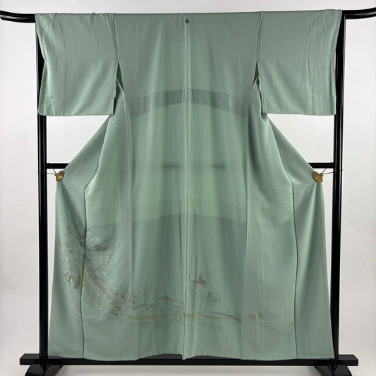 付下 身長156cm 袖長65.5cm M 雙層 幾帳 雪輪 刺繡 淺綠 純蠶絲 優品級 一個紋
