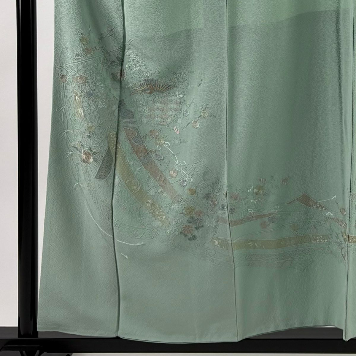 付下 身長156cm 袖長65.5cm M 雙層 幾帳 雪輪 刺繡 淺綠 純蠶絲 優品級 一個紋