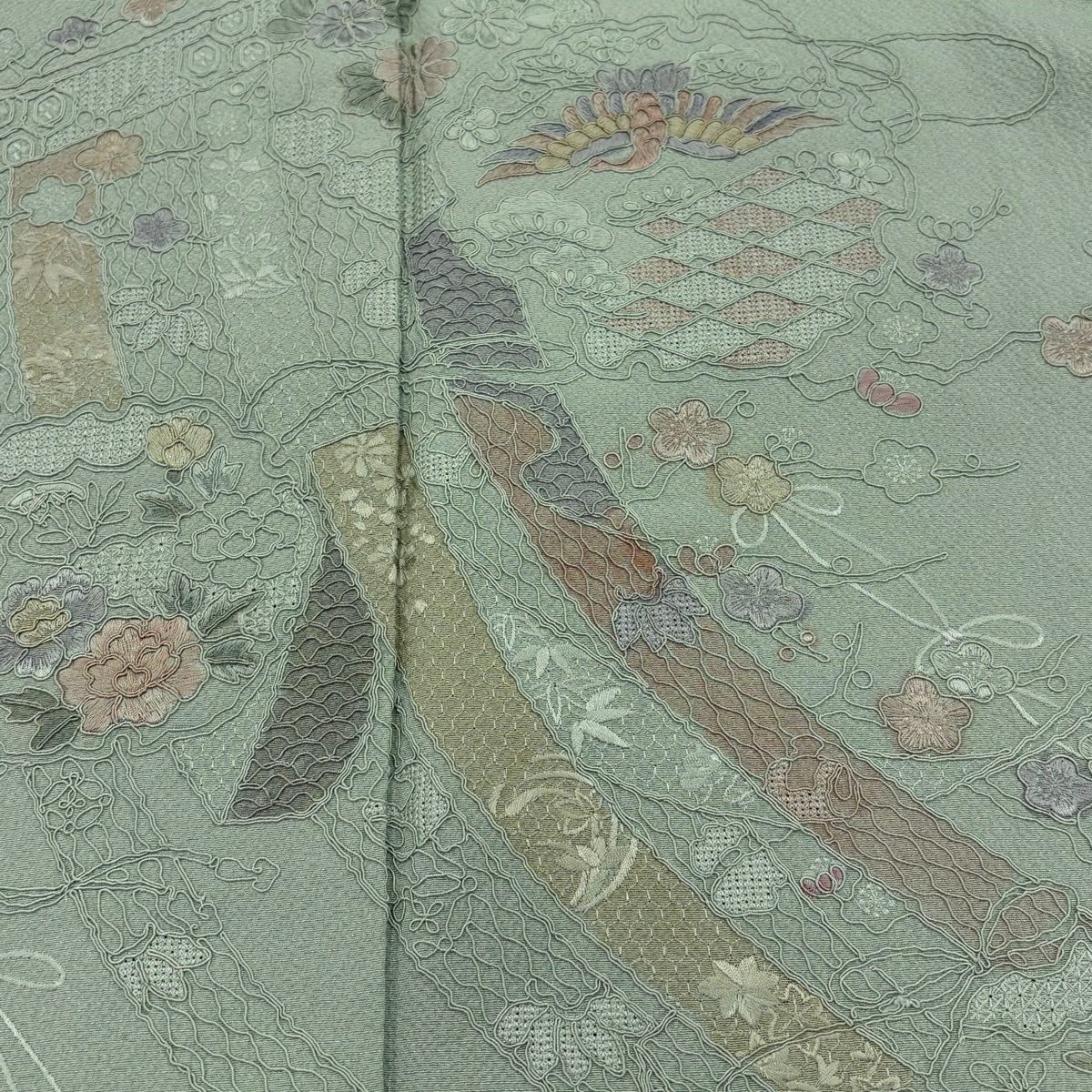 付下 身長156cm 袖長65.5cm M 雙層 幾帳 雪輪 刺繡 淺綠 純蠶絲 優品級 一個紋