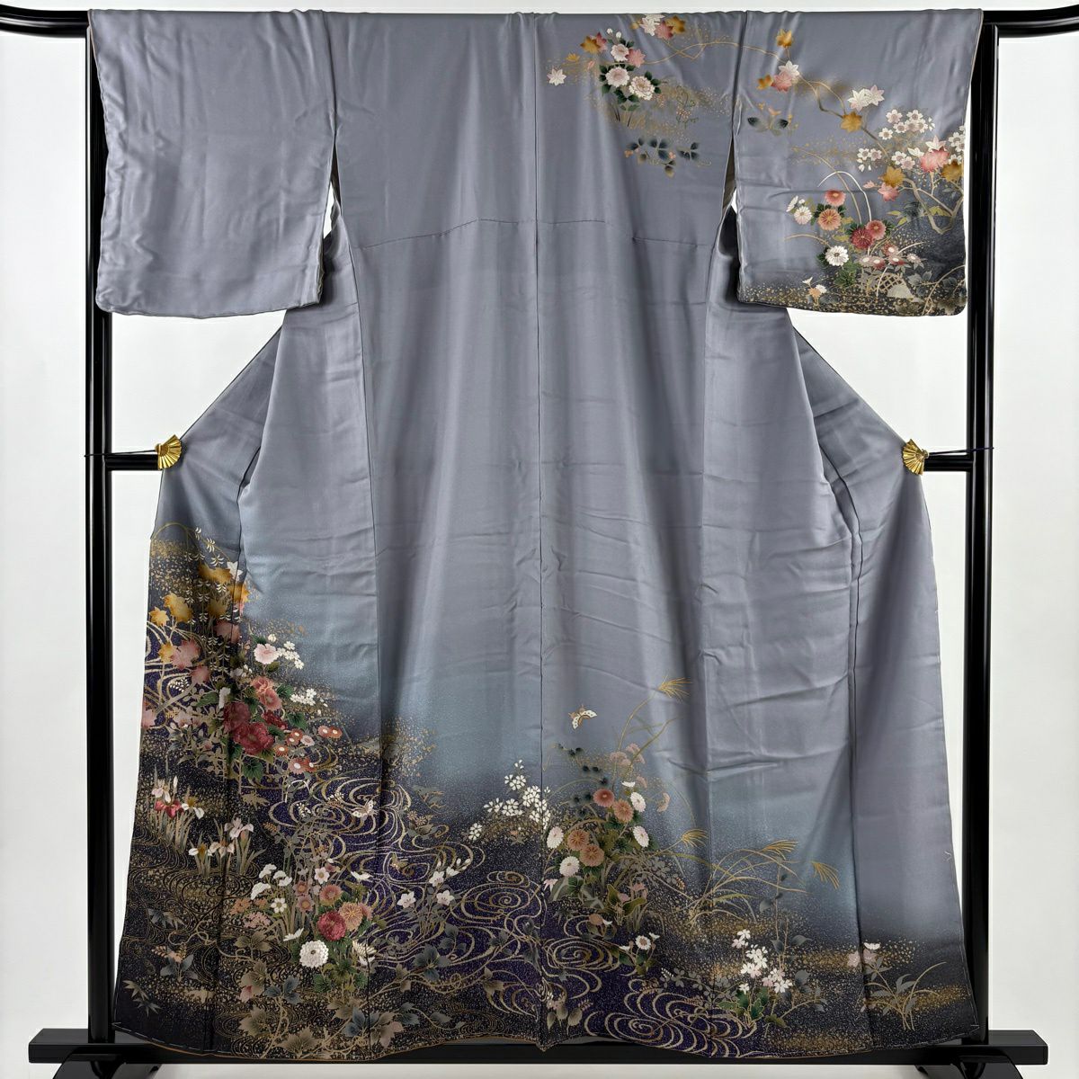 訪問服 身長156cm 袖長65.5cm M 雙層 牡丹 流水 金糸 刺繡 灰紫 純蠶絲 秀品級