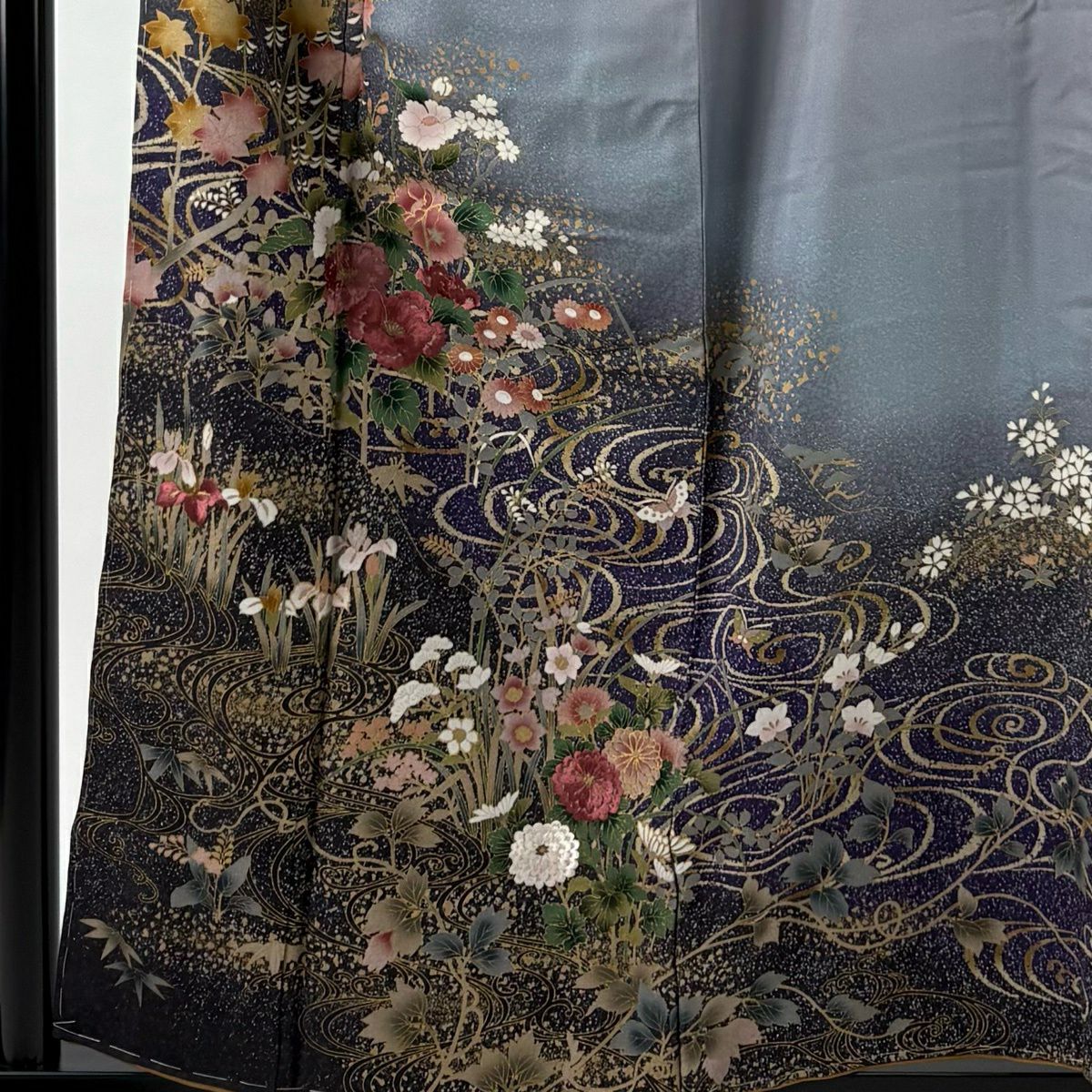 訪問服 身長156cm 袖長65.5cm M 雙層 牡丹 流水 金糸 刺繡 灰紫 純蠶絲 秀品級