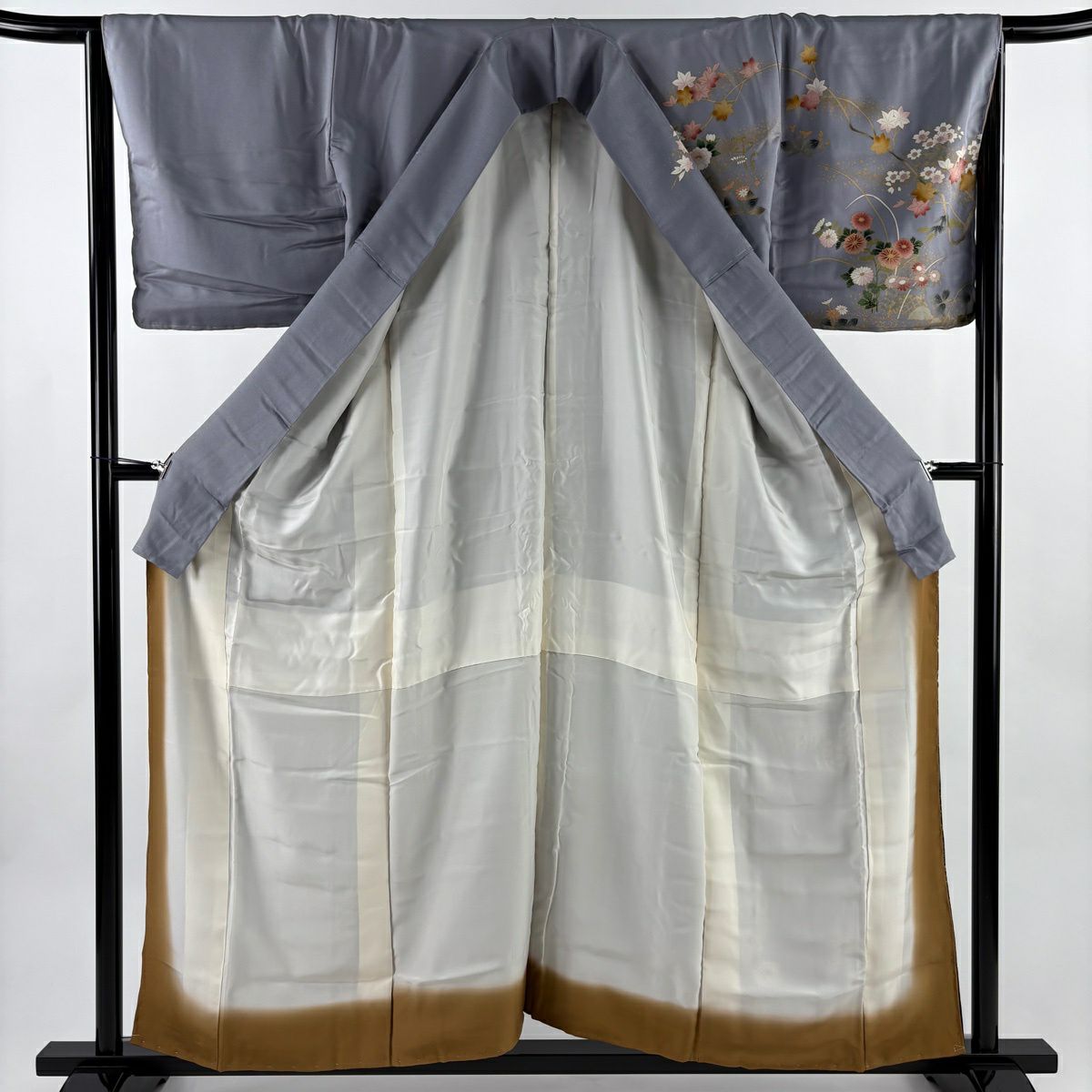 訪問服 身長156cm 袖長65.5cm M 雙層 牡丹 流水 金糸 刺繡 灰紫 純蠶絲 秀品級