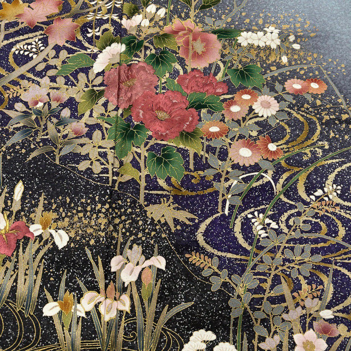 訪問服 身長156cm 袖長65.5cm M 雙層 牡丹 流水 金糸 刺繡 灰紫 純蠶絲 秀品級