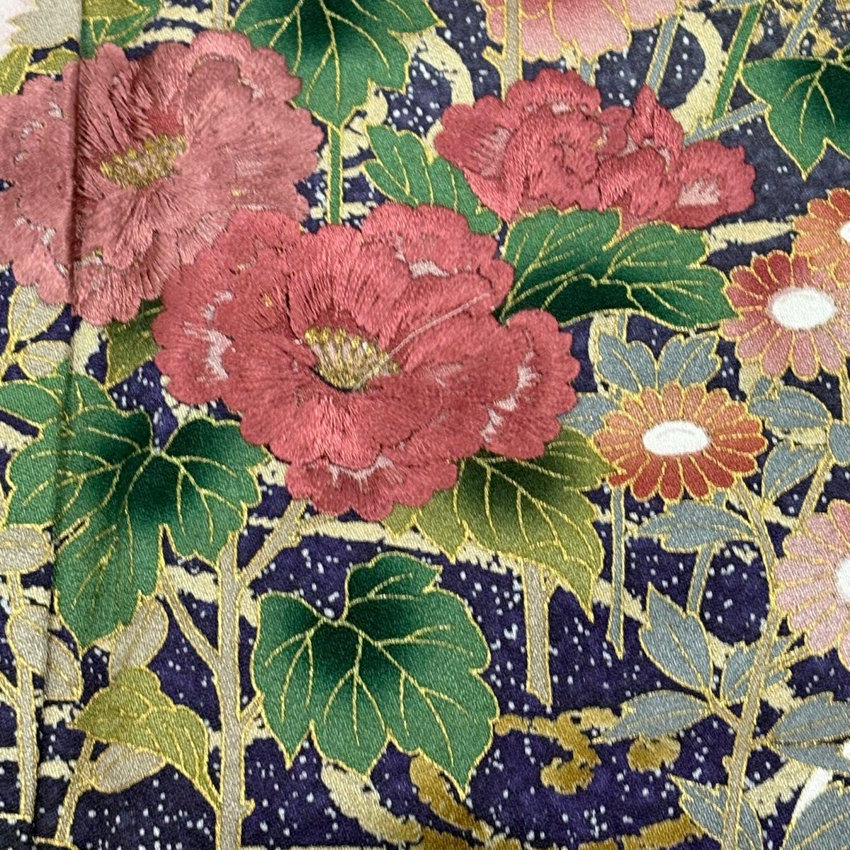訪問服 身長156cm 袖長65.5cm M 雙層 牡丹 流水 金糸 刺繡 灰紫 純蠶絲 秀品級