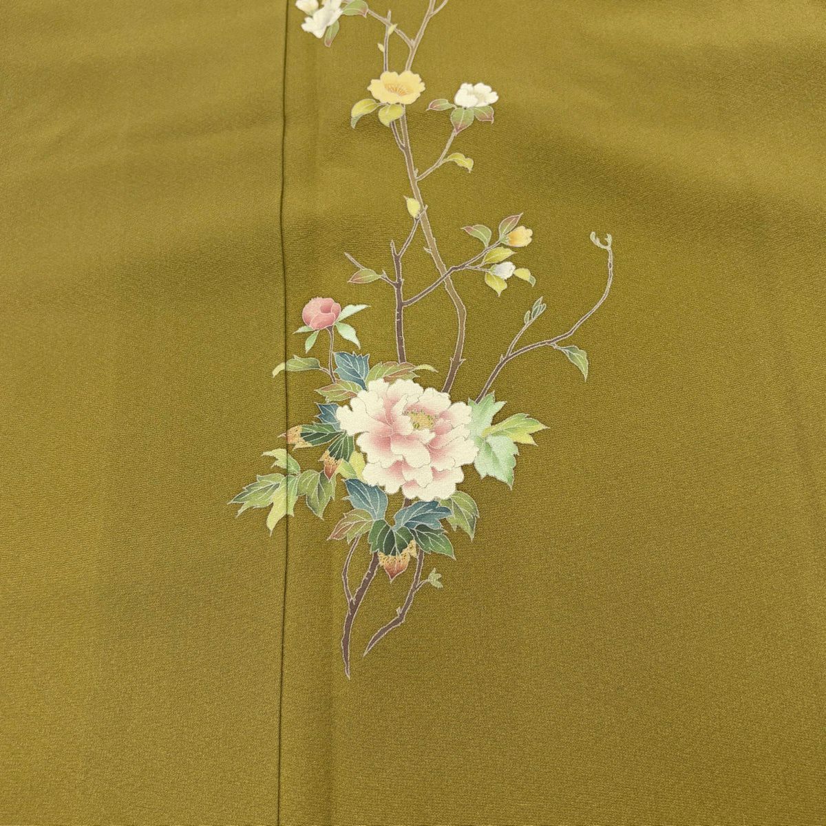 付下 身長152.5cm 袖長65cm M 雙層 落款あり 牡丹 京櫻 薄黃土 純蠶絲 秀品級