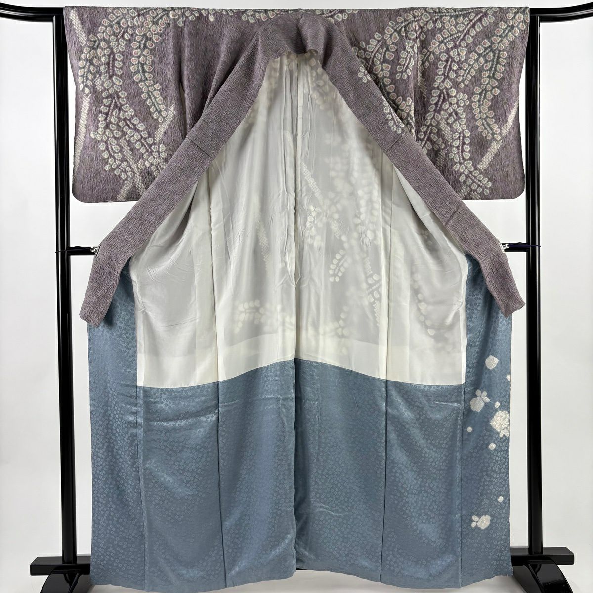 訪問服 身長161.5cm 袖長63cm S 雙層 葉柄 絞染 分染 灰紫 純蠶絲 優品級