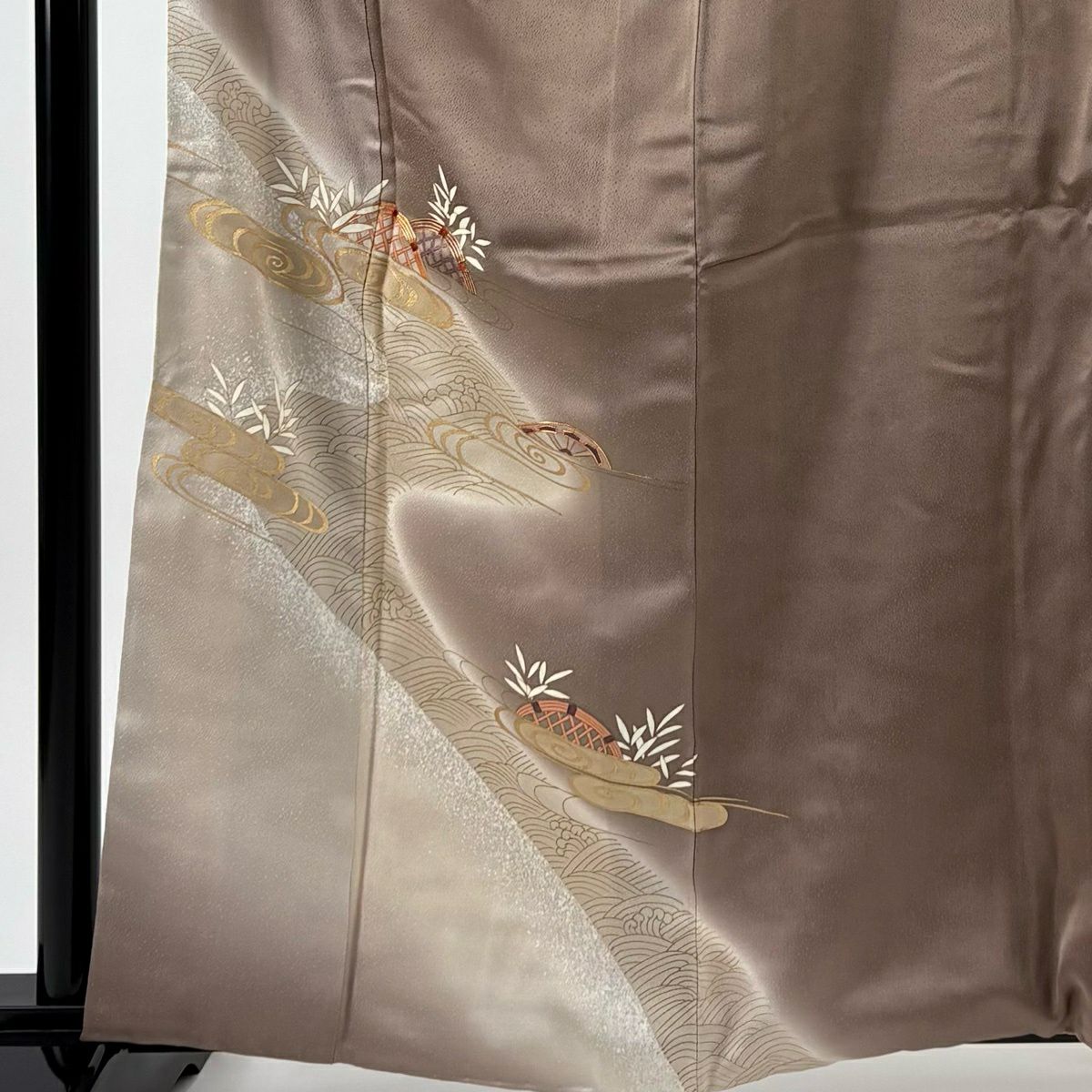付下 身長162cm 袖長61.5cm S 雙層 光悅垣 見世水 金絲 金銀彩 淺茶 純蠶絲 優品級