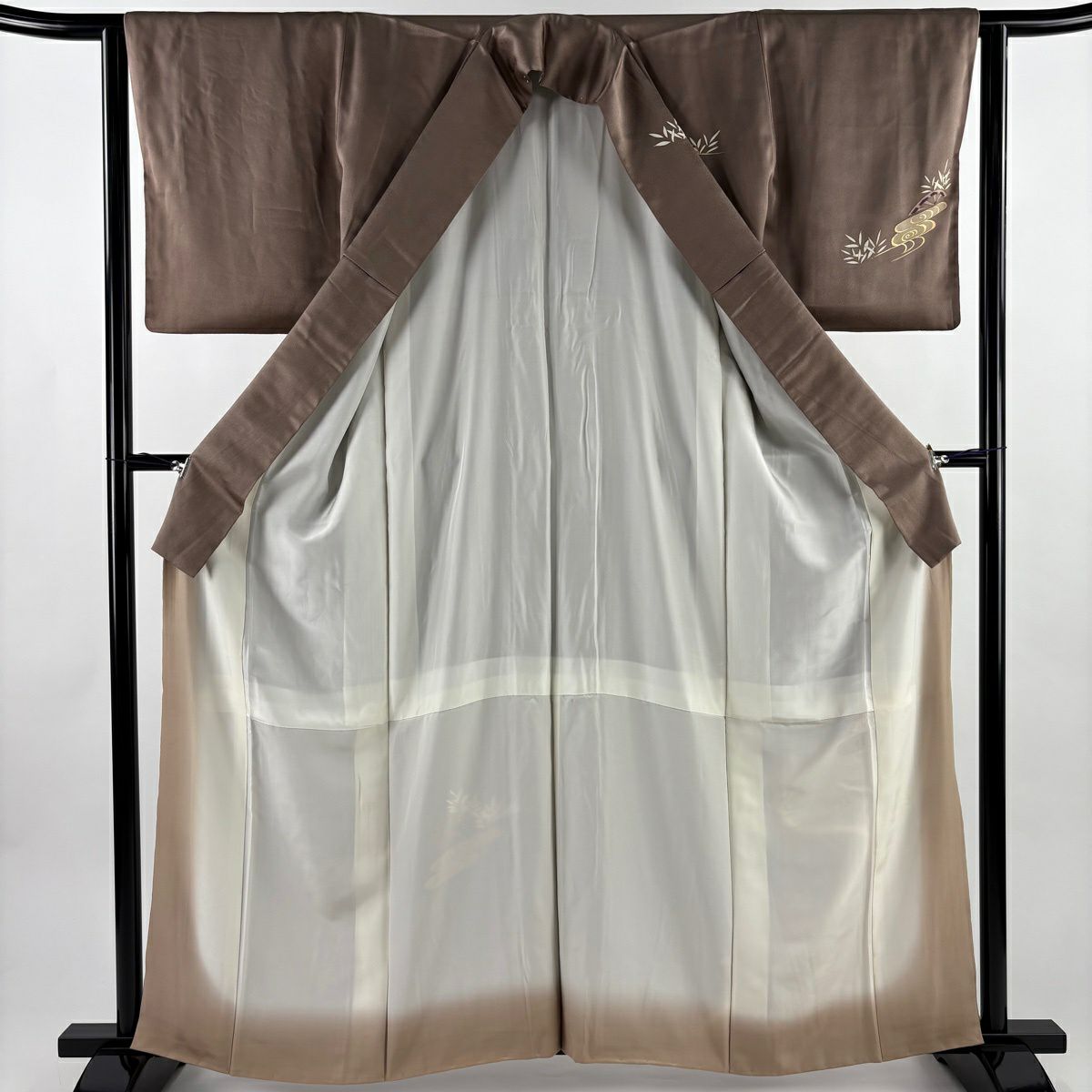 付下 身長162cm 袖長61.5cm S 雙層 光悅垣 見世水 金絲 金銀彩 淺茶 純蠶絲 優品級