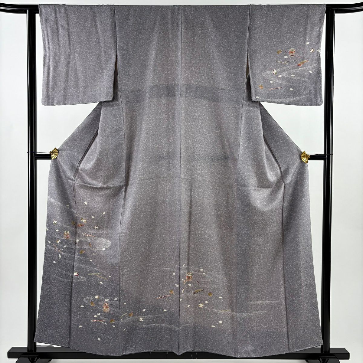 【美品】 付下 身長156.5cm 袖長62cm S 雙層 大和 貝合 笛 灰 純蠶絲 秀品級