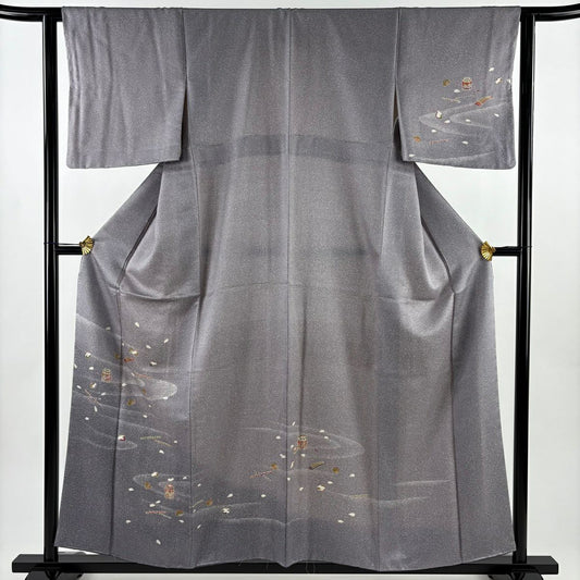 【美品】 付下 身長156.5cm 袖長62cm S 雙層 大和 貝合 笛 灰 純蠶絲 秀品級